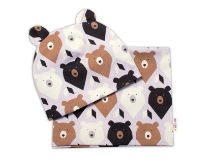 Dvouvrstvá čepice s oušky + komínek Medvědi, hnědá/smetanová (Velikost 62-74 (3-9m))