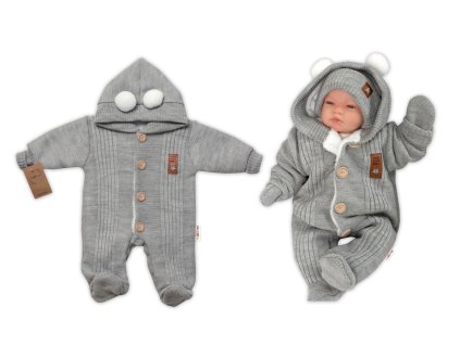 Pletená kombinéza/overal LUX STAR s kožíškem - dvouvrstvá, šedá (Velikost 68 (3-6m))