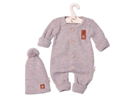 Baby Nellys 2-dílná sada Pletený overálek STAR + čepice Hand Made, béžový (Velikost 80/86 (12-18m))