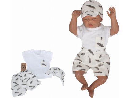 Mušelínové triko, kraťasy + šátek, 3D sada, Pírka Z&Z, bílá/smetana (Velikost 56 (1-2m))