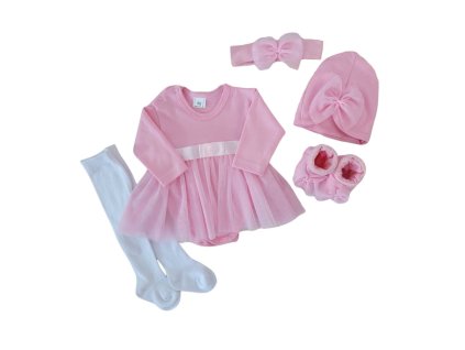 Z&Z 5-dílná soupravička sukničkobody, punčochy, čepička, čelenka, botičky - růžová (Velikost 74 (6-9m))