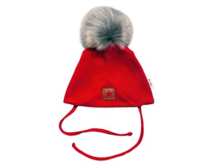 Zimní,podzimní bavlněná dvouvrstvá čepice s bambulí na zavazování Star, červená (Velikost 56-68 (0-6 m))