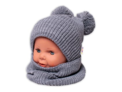 baby nellys zimna pletena ciapka nakrcnik siva s brmbolcami