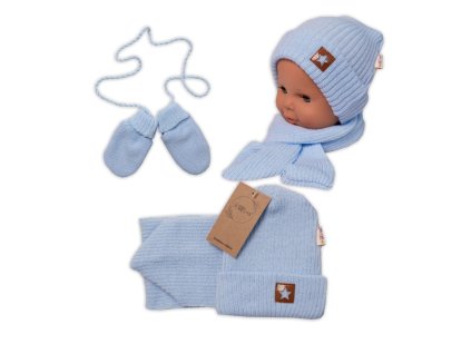 Baby Nellys Pletená čepice s šálou a rukavičky 3v1, STAR - sv. modrá (Velikost 68/74 (6-9m))