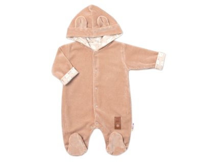 Semiškový, velurový overal s kapucí Baby Nellys New Bunny, hnědý (Velikost 74 (6-9m))
