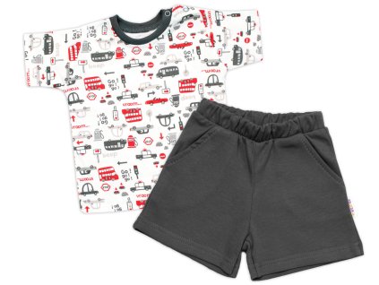 Tričko, krátký rukáv + kraťásky, 2D, Baby Nellys, Auta, bavlna, smetana/šedá (Velikost 74 (6-9m))