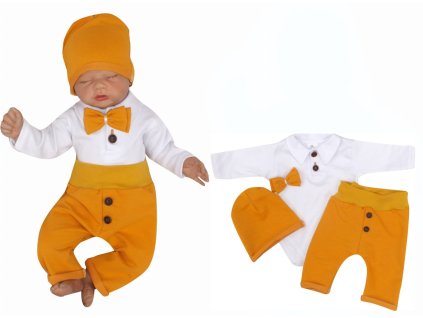 Bavlněná soupravička body, tepláčky, čepička a motýlek 4D, Z&Z, bílá/hořčicová (Velikost 56 (1-2m))