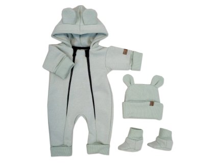 Oteplený dětský overal bez šlapek s kapucí, čepička + botičky, 3D, Kazum, mátový (Velikost 74 (6-9m))