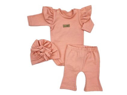 Body s volánky, legíny do zvonu a čepička, 3D, bavlna, meruňková (Velikost 74 (6-9m))