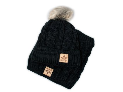 Zimní pletená čepice s bambulí + komínek, černá (Velikost 92/98 (18-36m))