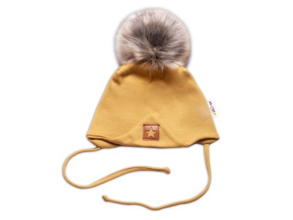 Zimní,podzimní bavlněná dvouvrstvá čepice s bambulí na zavazování Star, hořčicová (Velikost 56-68 (0-6 m))