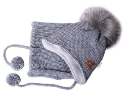 Zimní čepice s fleecem a chlupáčková bambule Star + komínek - šedá, BABY NELLYS (Velikost 68-86 (6-18m))