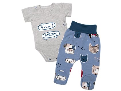 Body kr. rukáv zap. bokem + polodupačky Pejsek a Kočička Mrofi, šedá/modrá (Velikost 56 (1-2m))