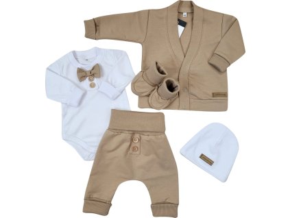 Bavlněná sada, body, kalhoty, motýlek a čepice Elegant Boy 5D, Kazum, mocca/bílá (Velikost 74 (6-9m))