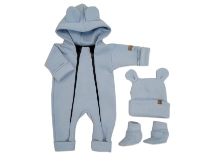 Oteplený dětský overal bez šlapek s kapucí, čepička + botičky, 3D, Kazum, modrý (Velikost 56 (1-2m))