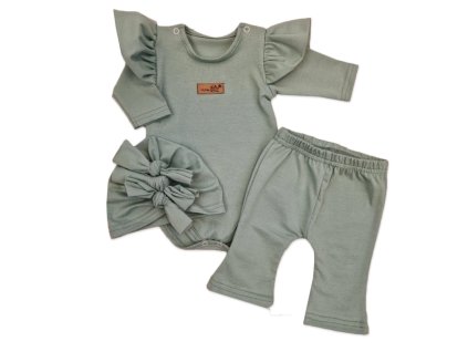 Body s volánky, legíny do zvonu a čepička, 3D, bavlna, olivová (Velikost 68 (3-6m))