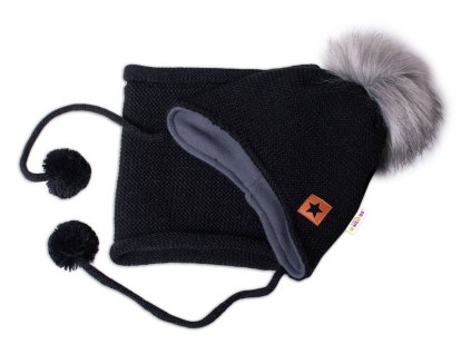 Zimní čepice s fleecem a chlupáčková bambule Star + komínek - černá, BABY NELLYS (Velikost 104-116 (4-6r))