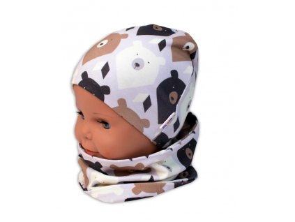Baby Nellys Dvouvrstvá čepice + komínek Medvědi, hnědá/smetanová, vel. 92/98 (Velikost 92/98 (18-36m))