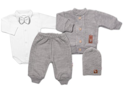 5-dílná pletená sada Baby Nellys, Boy, body, kalhoty, svetr, čepička, motýlek - šedá (Velikost 62 (2-3m))