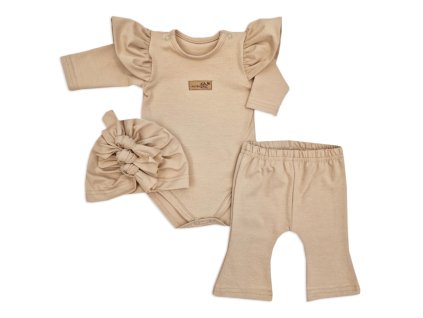Body s volánky, legíny do zvonu a čepička, 3D, bavlna, cappuccino (Velikost 86 (12-18m))