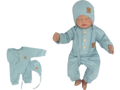 Z&Z 2-dílná soupravička žebrovaný overálek s knoflíčky a čepička, mořská modrá (Velikost 50 (0-1m))
