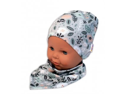 Baby Nellys Dvouvrstvá čepice + šátek Palouček, mátová, 92/98 (Velikost 92/98 (18-36m))