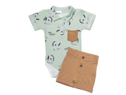 Baby Nellys 2-dílná sada body kr. rukáv, kraťásky, Zebra - mátová, hnědá (Velikost 56 (1-2m))