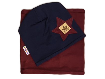 Baby Nellys Bavlněná sada čepička a nákrčník Nelly Star - granát s bordo (Velikost 104 (3-4r))