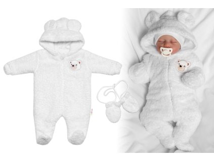Chlupáčkový overal Luna s kapucí + rukavičky, Baby Nellys, Medvídek, bílý (Velikost 74/80 (9-12m))