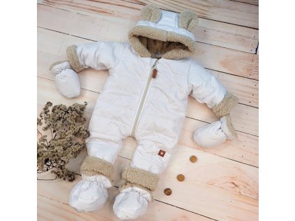 Zimní prošívaná kombinéza s kožíškem a kapucí + rukavičky + botičky, Z&Z - bílá (Velikost 56 (1-2m))