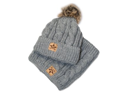 BABY NELLYS Zimní pletená čepice s bambulí + komínek, šedá (Velikost 92/98 (18-36m))
