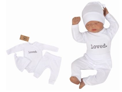 Z&Z 3-dílná soupravička body, tepláčky a čepička Loved  - bílá (Velikost 50 (0-1m))