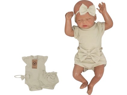 Z&Z 3-dílná sada body, kraťásky, čelenka s mašlí - olivová (Velikost 74 (6-9m))