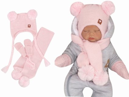 Z&Z Pletená čepice s bambulemi, šálou a rukavičky 3v1, růžová (Velikost 68/74 (6-9m))