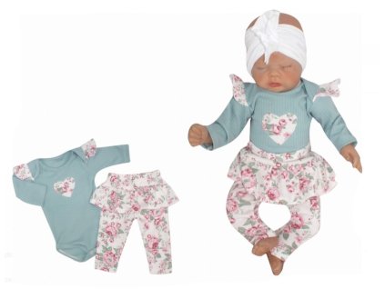 Z&Z 2-dílná soupravička body a legíny se sukničkou Květy - mátová/ecru (Velikost 80 (9-12m))