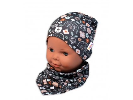 Baby Nellys Dvouvrstvá čepice + šátek Palouček, grafit, vel. 92/98 (Velikost 92/98 (18-36m))