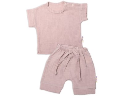 Baby Nellys 2-dílná mušelínová soupravička, tričko + kraťasky BOY, béžová (Velikost 56 (1-2m))