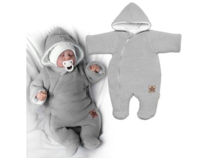 Zimní pletená kombinézka/overálek s kapucí Baby Nellys - světle šedá (Velikost 62 (2-3m))