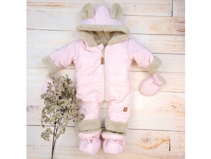 Zimní prošívaná kombinéza s kožíškem a kapucí + rukavičky + botičky, Z&Z - růžová (Velikost 56 (1-2m))