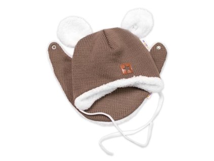 Baby Nellys Pletená zimní čepice s kožíškem a šátkem Star, hnědá (Velikost 68/74 (6-9m))
