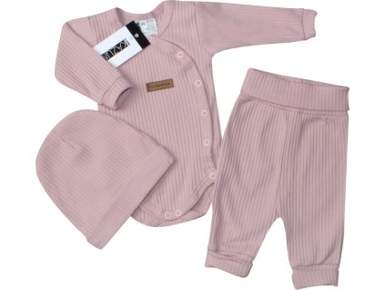 Žebrované zavinovací body, tepláčky a čepička Kazum 3D bavlněná sada, pudrově růžová (Velikost 68 (3-6m))