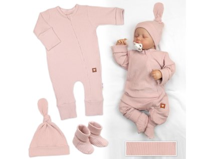 Rostoucí žebrovaný overálek, čepička a botičky, 3D, Nature - pudrově růžová (Velikost 50/56 (0-2m))