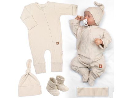 Rostoucí žebrovaný overálek, čepička a botičky, 3D, Nature - sv. béžová (Velikost 50/56 (0-2m))