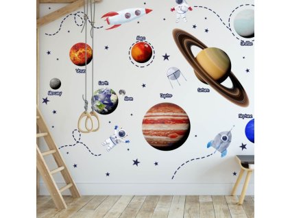 8584 nalepky na stenu pre chlapcov malych kozmonautov vesmir astronaut slnecna sustava planety hviezdy rakety sonda galaxia modre na svetlu stenu full