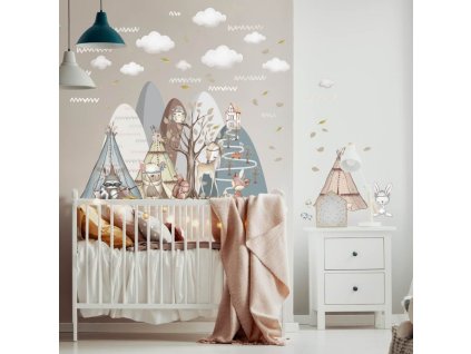 16701 nalepka na stenu pre dievcata chlapcov kopce hory vrchy srnka sova maco liska zajacik stromceky oblaciky nad postielku 2 full