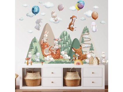 16686 nalepka na stenu pre dievcata chlapcov kopce hory vrchy srnky zajaciky stromceky balony oblaciky full