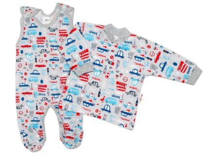 Baby Nellys  2-dílná sada, bavlněné dupačky s košilkou Auta, šedá (Velikost 50 (0-1m))