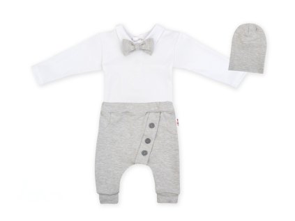 Baby Nellys 3-dílná sada Hubert, body s motýlkem  dl.rukáv, tepláčky a čepička - šedý (Velikost 56 (1-2m))