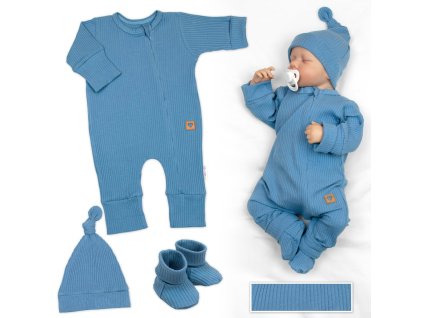 Rostoucí žebrovaný overálek, čepička a botičky, 3D, Nature -jeans (Velikost 50/56 (0-2m))