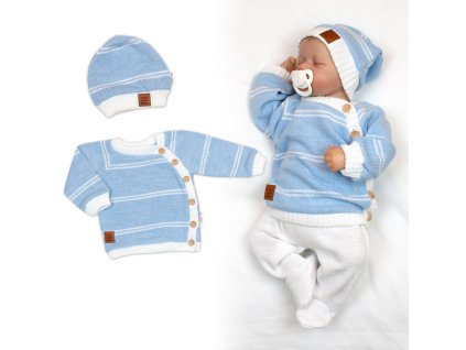 Pletená sada pro miminko s jemným proužkem 2D, lux - modrá, bílá (Velikost 80 (9-12m))
